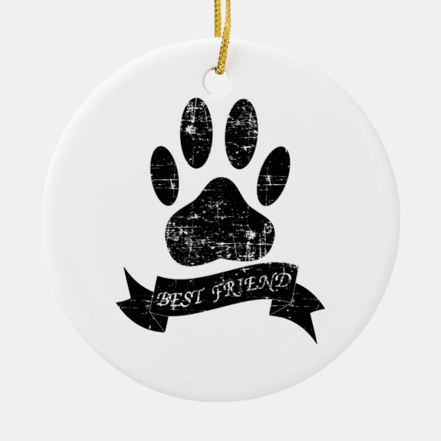 Distressed Dog Paw With Ribbon Ceramic Ornament (Front)