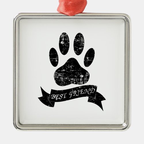 Distressed Dog Paw With Ribbon Metal Ornament