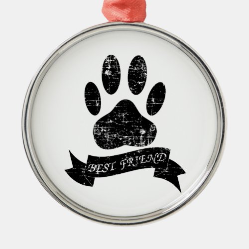 Distressed Dog Paw With Ribbon Metal Ornament