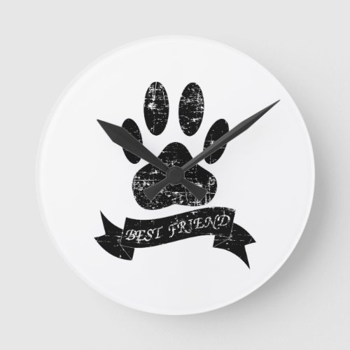 Distressed Dog Paw With Ribbon Round Clock