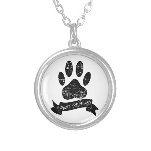 Distressed Dog Paw With Ribbon Silver Plated Necklace