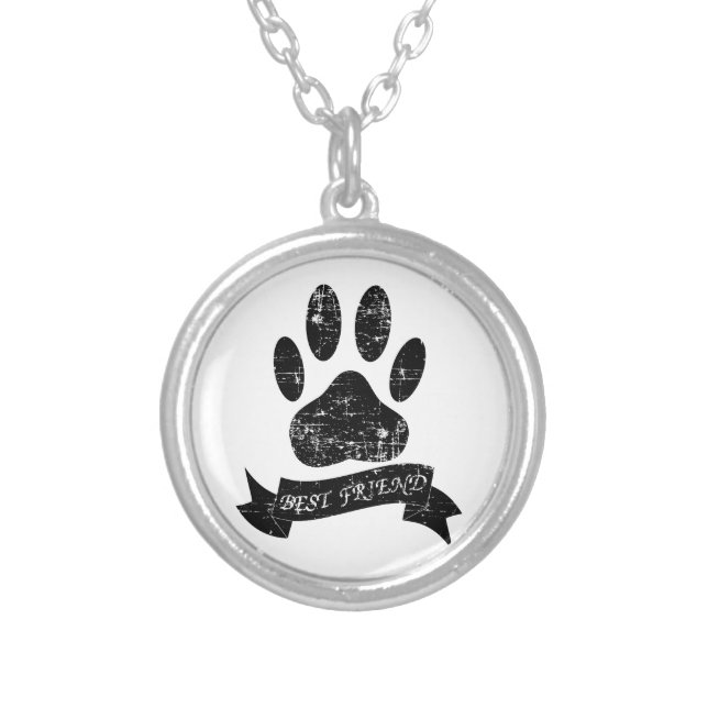Distressed Dog Paw With Ribbon Silver Plated Necklace (Front)