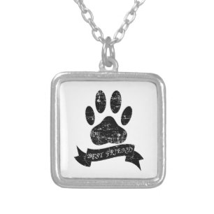 Distressed Dog Paw With Ribbon Silver Plated Necklace