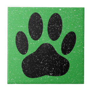 Distressed Dog Pawprint Square Green Ceramic Tile