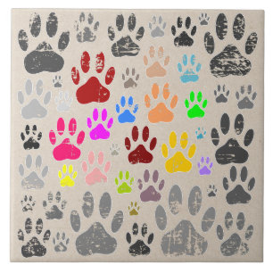 Distressed Dog Paws On Kraft Paper Background Ceramic Tile