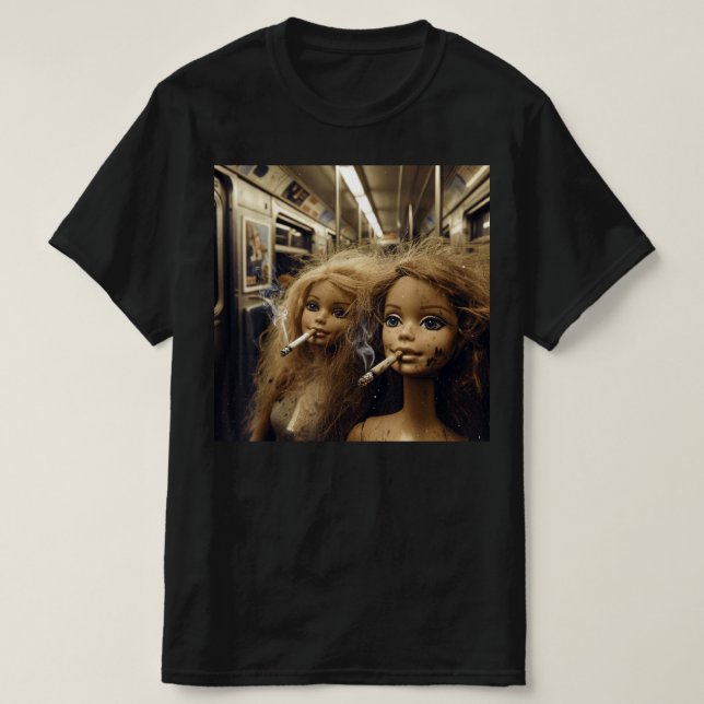 Distressed Doll Smoking Funny Doll Face Meme  T-Shirt (Design Front)