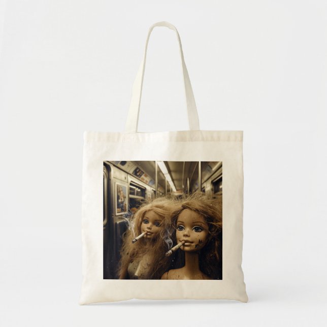 Distressed Doll Smoking Funny Doll Face Meme  Tote Bag (Front)