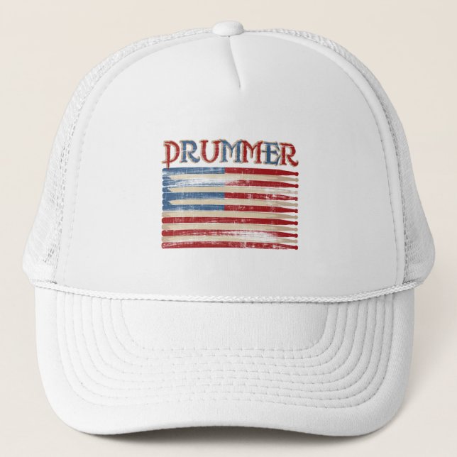 Distressed Drum Stick USA Flag Drummer Tees Gifts Trucker Hat (Front)