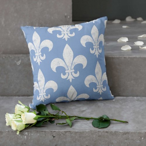 Distressed Elegant Blue and White Fleur de Lis Throw Pillow