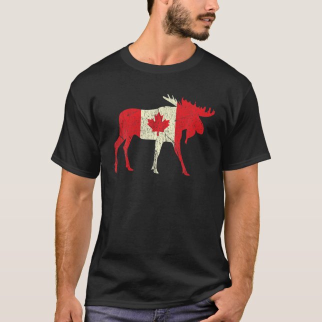 Distressed Elk Deer Canada Day Proud Canadian Flag T-Shirt (Front)