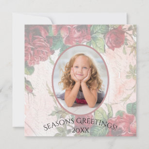 Distressed Faded Red Roses Writing on Paper Holiday Card