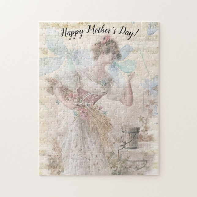 Distressed Fantasy Woman Gathering Flowers Grain Jigsaw Puzzle (Vertical)