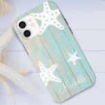 Distressed Faux Beach Wood Starfish Personalized iPhone 11 Case<br><div class="desc">Distressed tropical beach blue faux wood with three white graphic starfish and personalized phone case.</div>