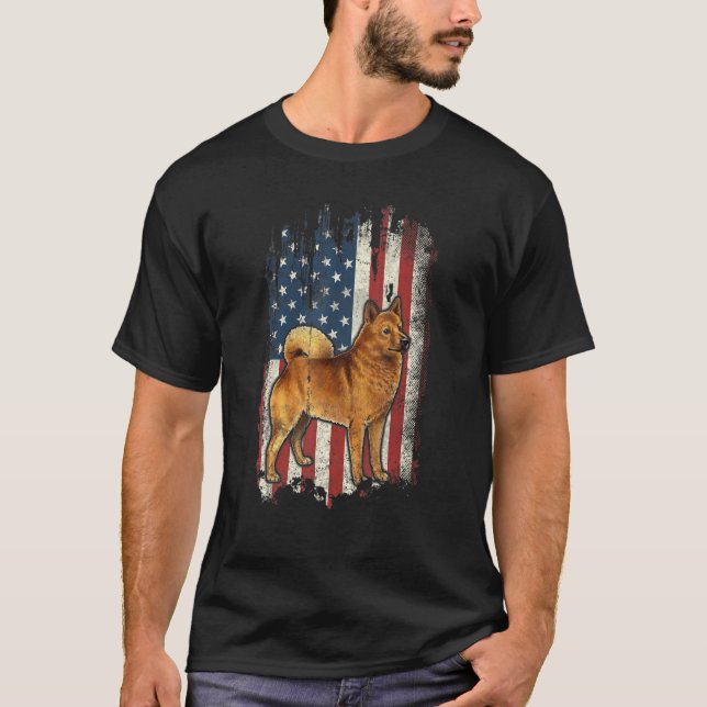 Distressed Finnish Spitz American Flag Patriotic D T-Shirt (Front)