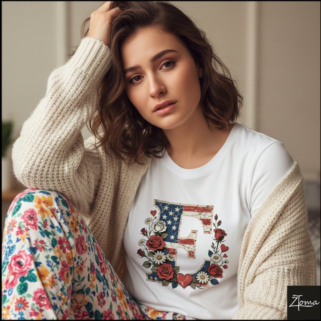 Distressed Flag Letter E Floral Wreath T-Shirt (Sample design. Several style are available to choose from, with the option to add a name & color.
)