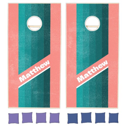 Distressed Flamingo Aqua Pin Striped with Name Cornhole Set
