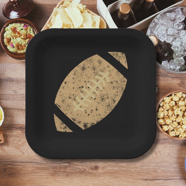 Distressed Football Birthday Party Black Gold Pape Paper Plates (Creator Uploaded)
