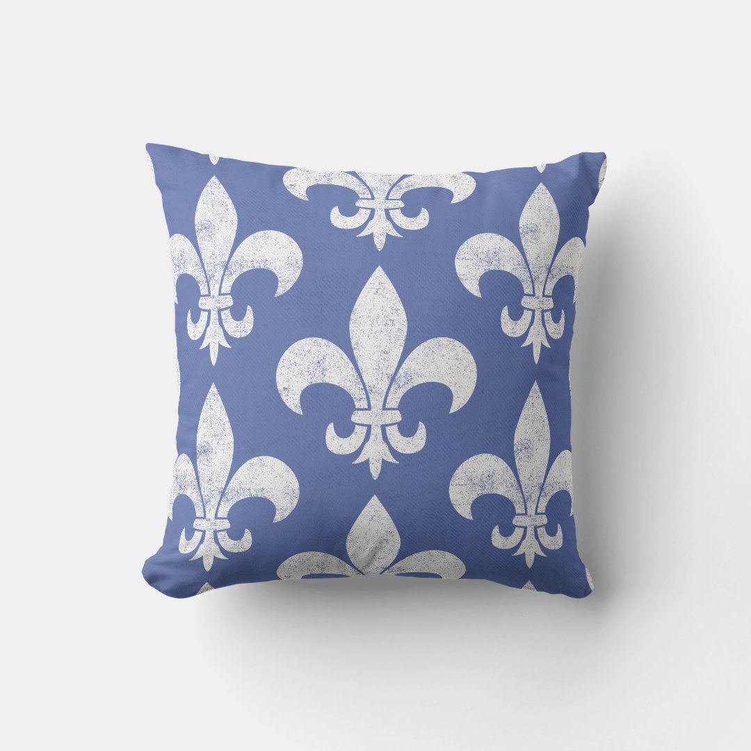 Distressed French Blue and White Fleur de Lis Throw Pillow Zazzle