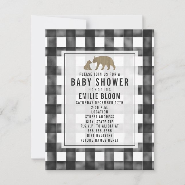 Distressed Gingham Wood Bears Baby Shower Invitation (Front)