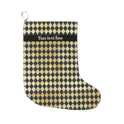 Distressed Gold and Black Vintage Harlequin Large Christmas Stocking