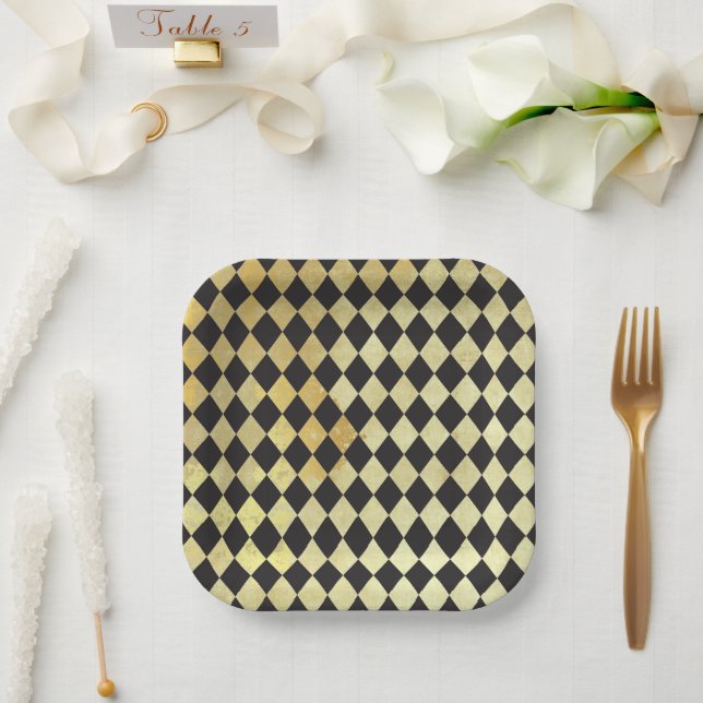 Distressed Gold and Black Vintage Harlequin  Paper Plates (Wedding)