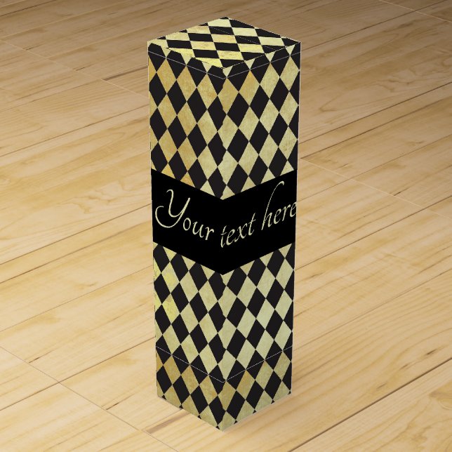 Distressed Gold and Black Vintage Harlequin Wine Box (Front)
