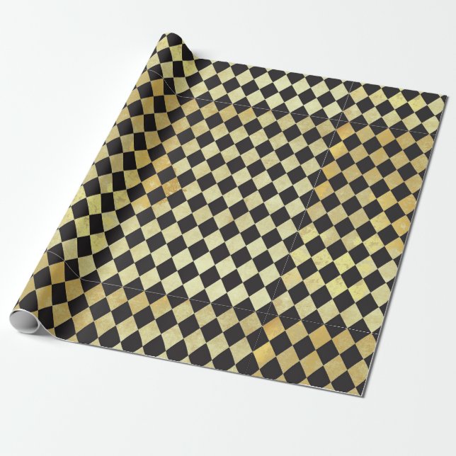 Distressed Gold and Black Vintage Harlequin Wrapping Paper (Unrolled)