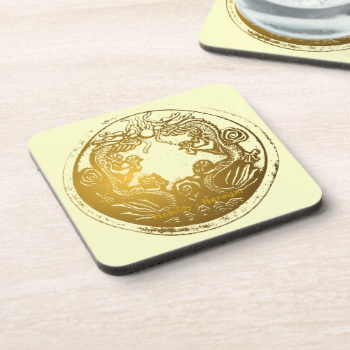 Distressed Golden Chinese Dragon Prosperity Wishes Beverage Coaster