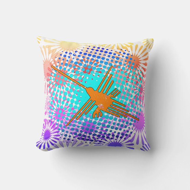 Distressed Golden Nazca Lines Hummingbird Throw Pillow (Front)
