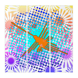 Distressed Golden Nazca Lines Hummingbird Triptych