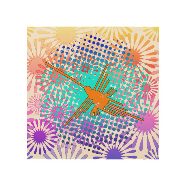 Distressed Golden Nazca Lines Hummingbird Wood Wall Art (Front)