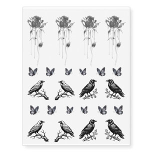 Distressed Gothic Grunge Roses Raven & Butterflies Temporary Tattoos