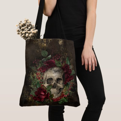 Distressed Gothic Skull Among Roses On Leather Tote Bag