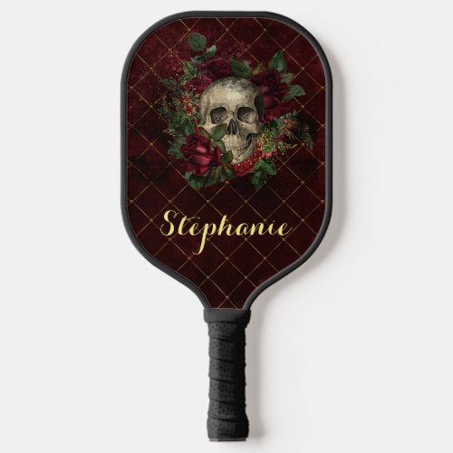 Distressed Gothic Skull Among Roses Pickleball Paddle