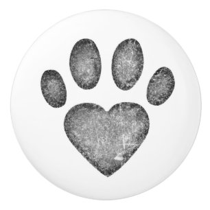 Distressed Gray Heart Pawprint Ceramic Knob
