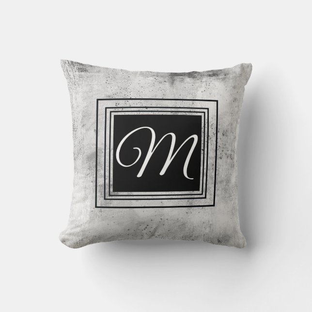 distressed gray white black bold monogram custom   throw pillow (Front)