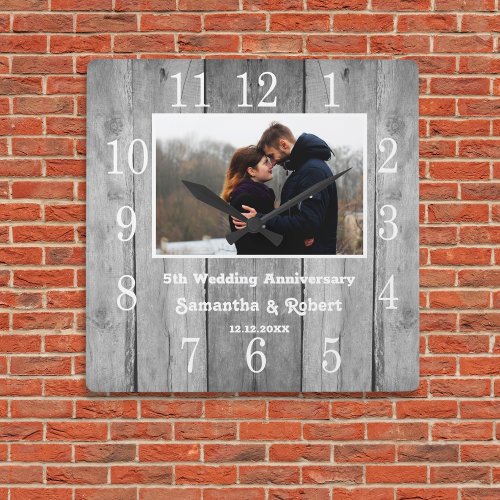 Distressed Gray Wood 5 Year Anniversary Photo   Square Wall Clock