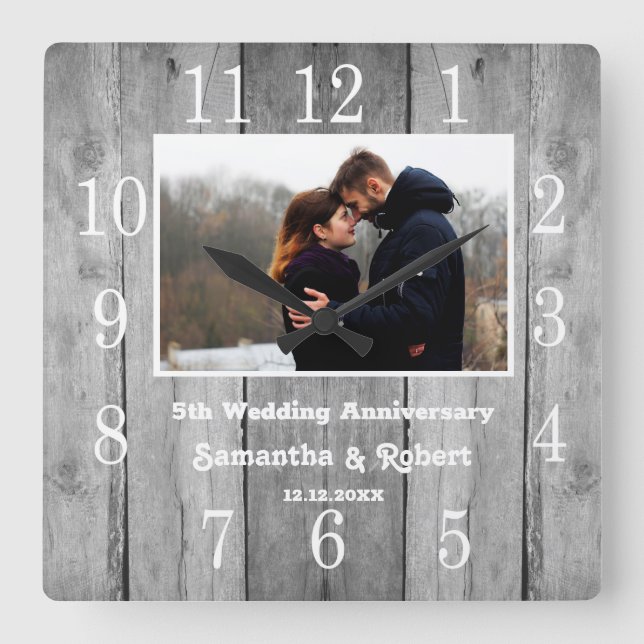Distressed Gray Wood 5 Year Anniversary Photo   Square Wall Clock (Front)