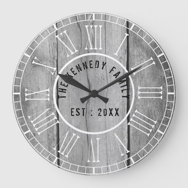 Distressed Gray Wood White Roman Numerals Country Large Clock (Front)