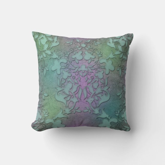 Distressed Green Teal Purple Damask Modern Art Throw Pillow (Front)