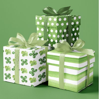 Distressed Green/ White Shamrock Clovers set of 3 Wrapping Paper Sheets