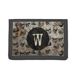 Distressed Halloween Vintage Skulls Monogram Trifold Wallet