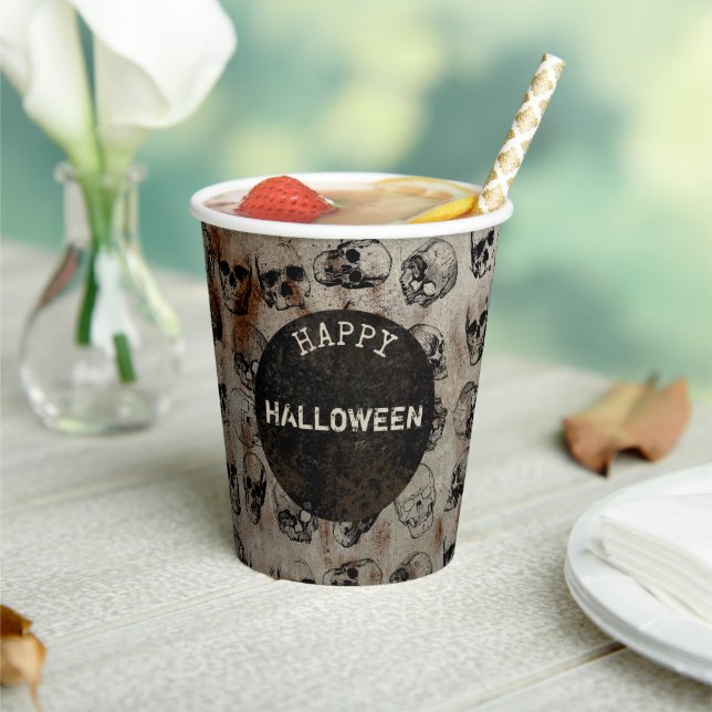 Distressed Happy Halloween Party Vintage Skulls Paper Cups (Insitu)