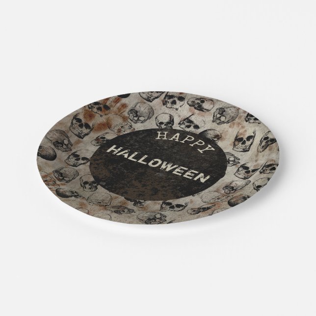 Distressed Happy Halloween Party Vintage Skulls Paper Plates (Angled)