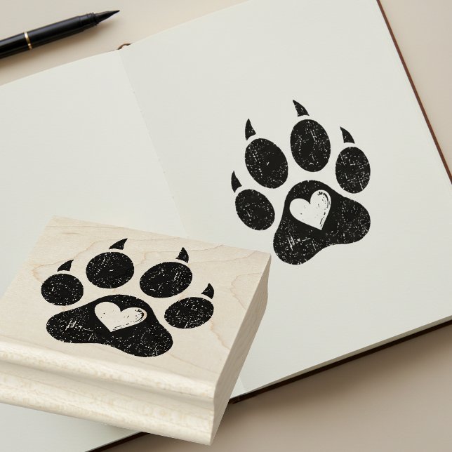 Distressed Heart in Dog Paw Print Wooden Art Stamp (🐾❤️ Rustic grunge paw print stamp – perfect for crafts & journaling!)