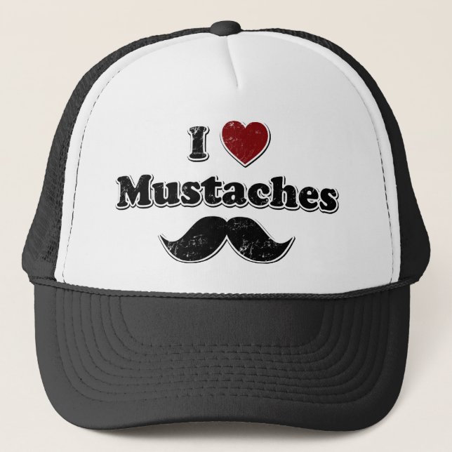 Distressed I Heart Mustaches Design Trucker Hat (Front)