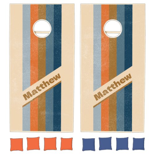 Distressed Indigo Horizon Pin Striped with Name Cornhole Set