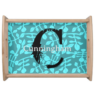 Distressed Initial and Clean Name on Aqua Leaves Serving Tray