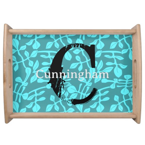 Distressed Initial and Clean Name on Aqua Leaves Serving Tray
