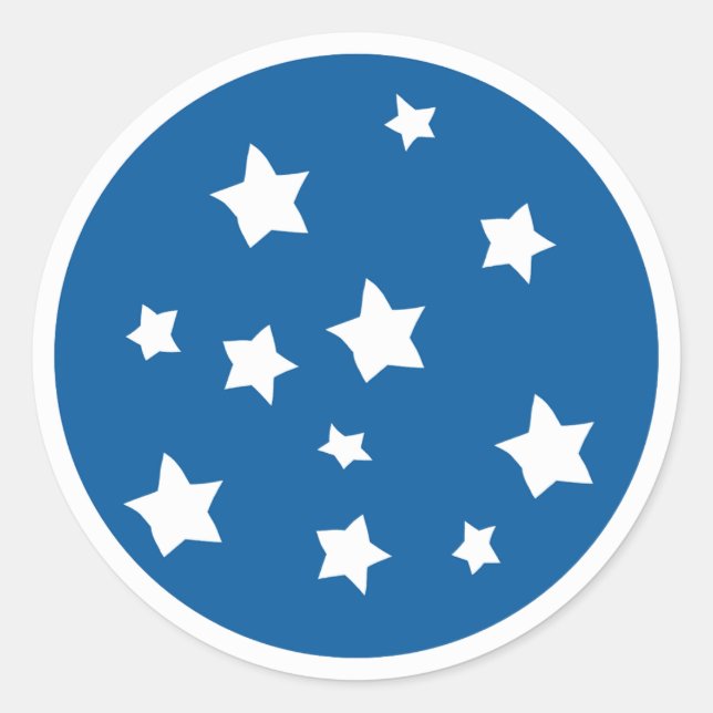 Distressed Irregular White Stars Blue Background Classic Round Sticker (Front)